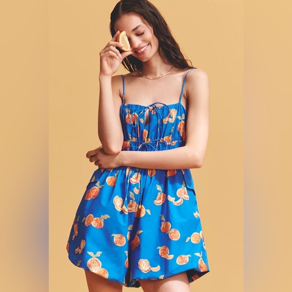 NWT! Farm Rio x Anthropologie Orange Printed Smocked Sleeveless Romper -🎬 - Picture 1 of 8